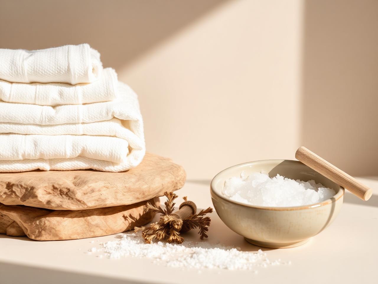 Folded ivory spa towels beside a ceramic bowl of exfoliating salt scrub