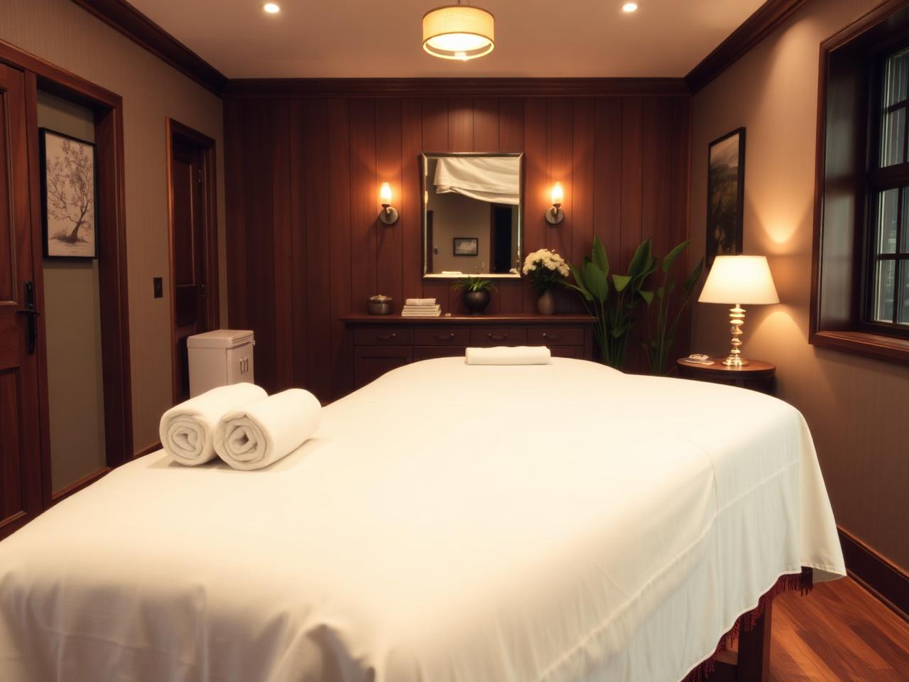 Quiet massage treatment room with a freshly draped table and rolled towels